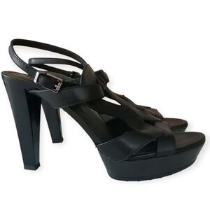 Tod's Platform Leather Black Strappy Heel Sandals Ankle Buckle 4 Inch 37.5 (7.5)